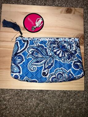 Modella Blue Quilted Floral Cosmetic Pouch with Tassel 8” X 5” NEW